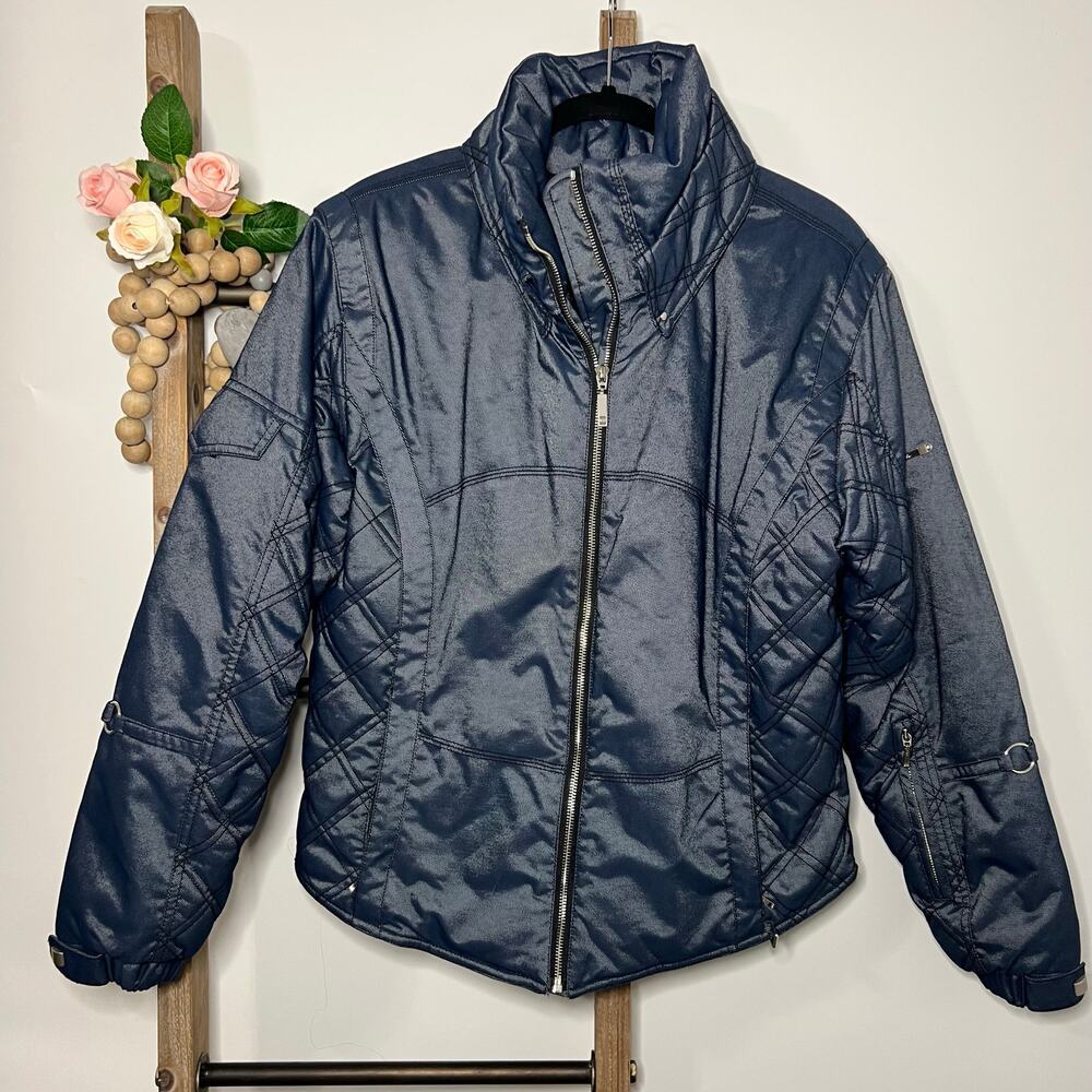 Nils Quilted Metallic Denim Ski Jacket‎ Blue Full Zip Size 12